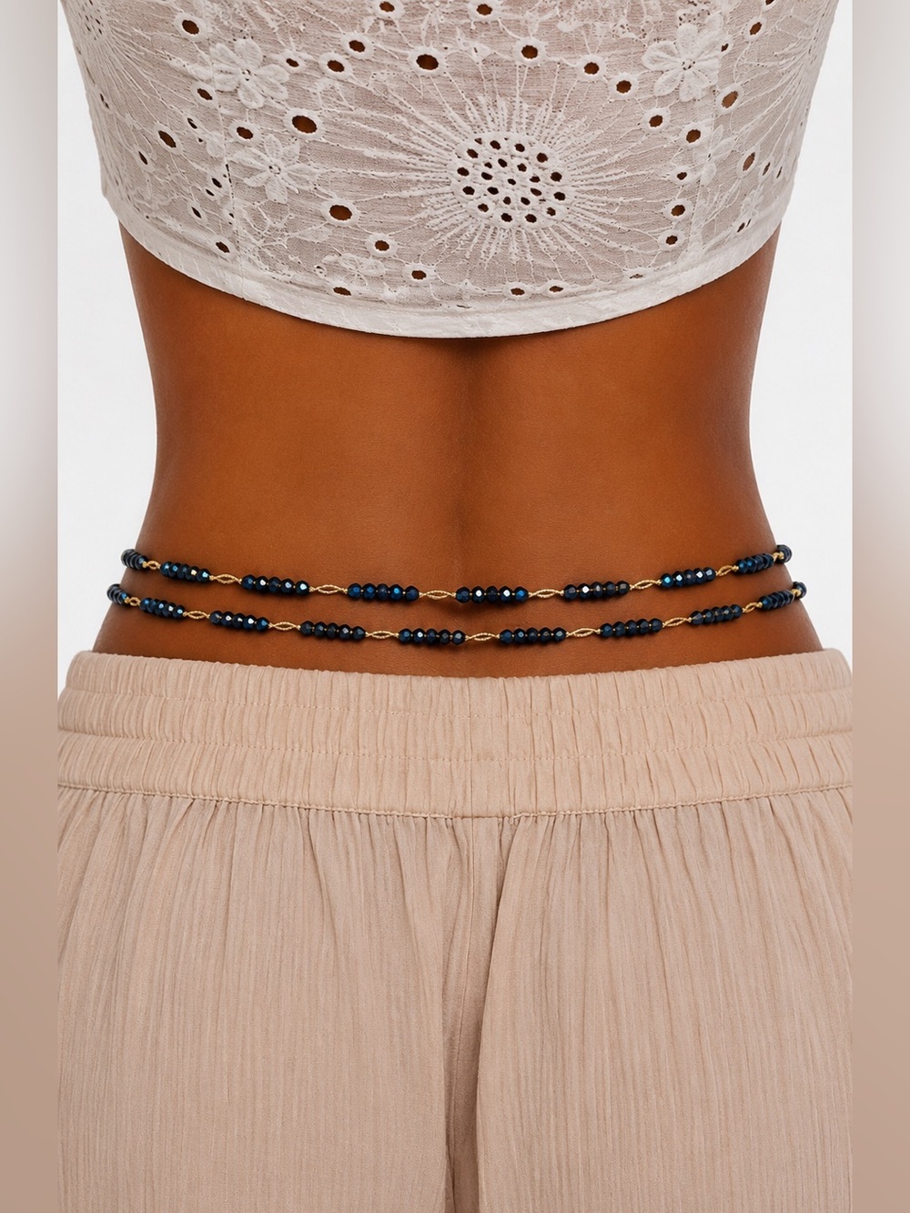 Handmade Beaded Waist Chain –blue Adjustable Gold-Tone Boho Belly Jewelry
